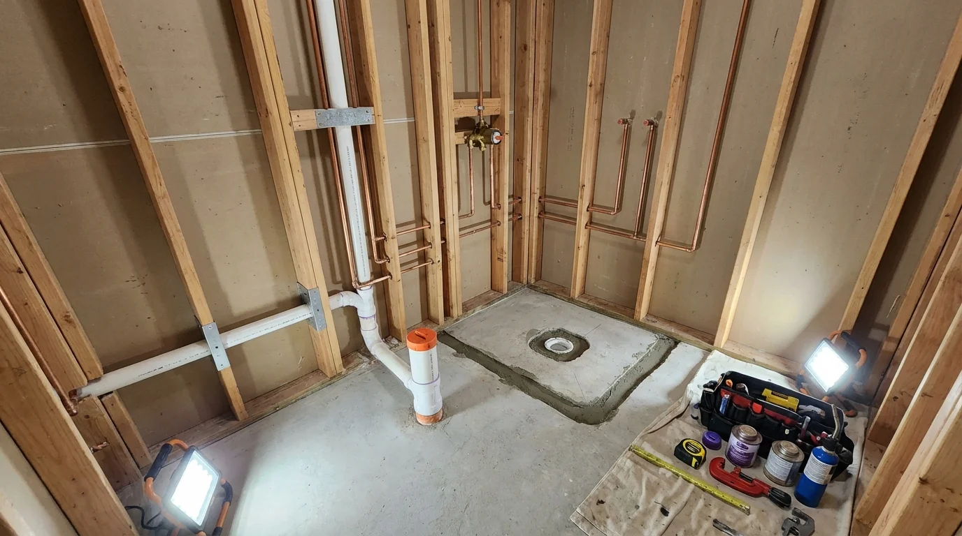 Bathroom rough-in plumbing during remodel by Johns Plumbing LLC in Dublin