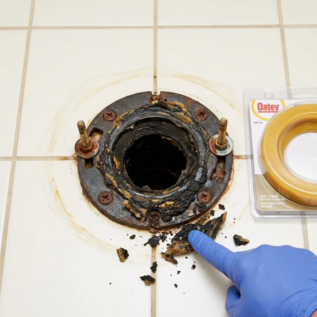 Failed wax ring showing water seepage at the base of a toilet in a Dublin, GA home