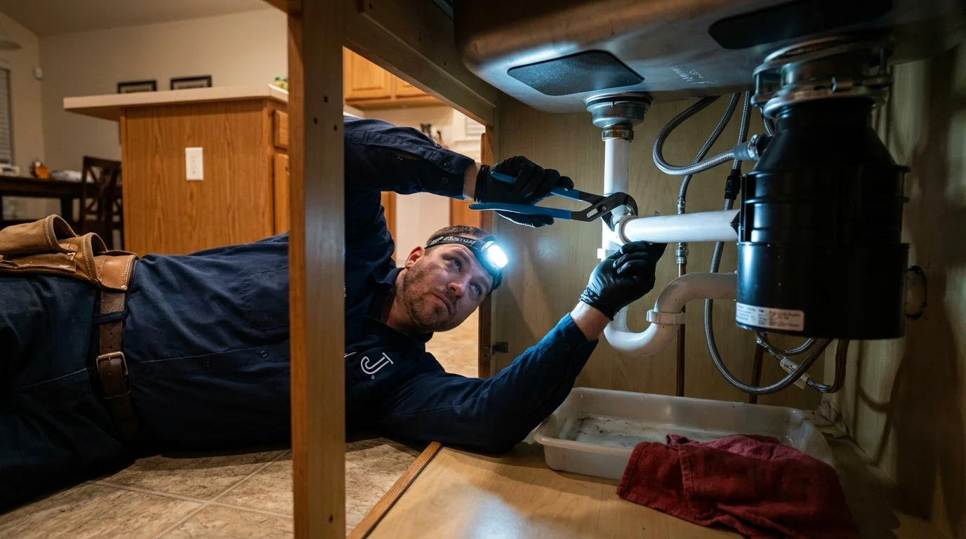 P-trap and supply line connections under a kitchen sink showing a common leak point in Dublin, GA
